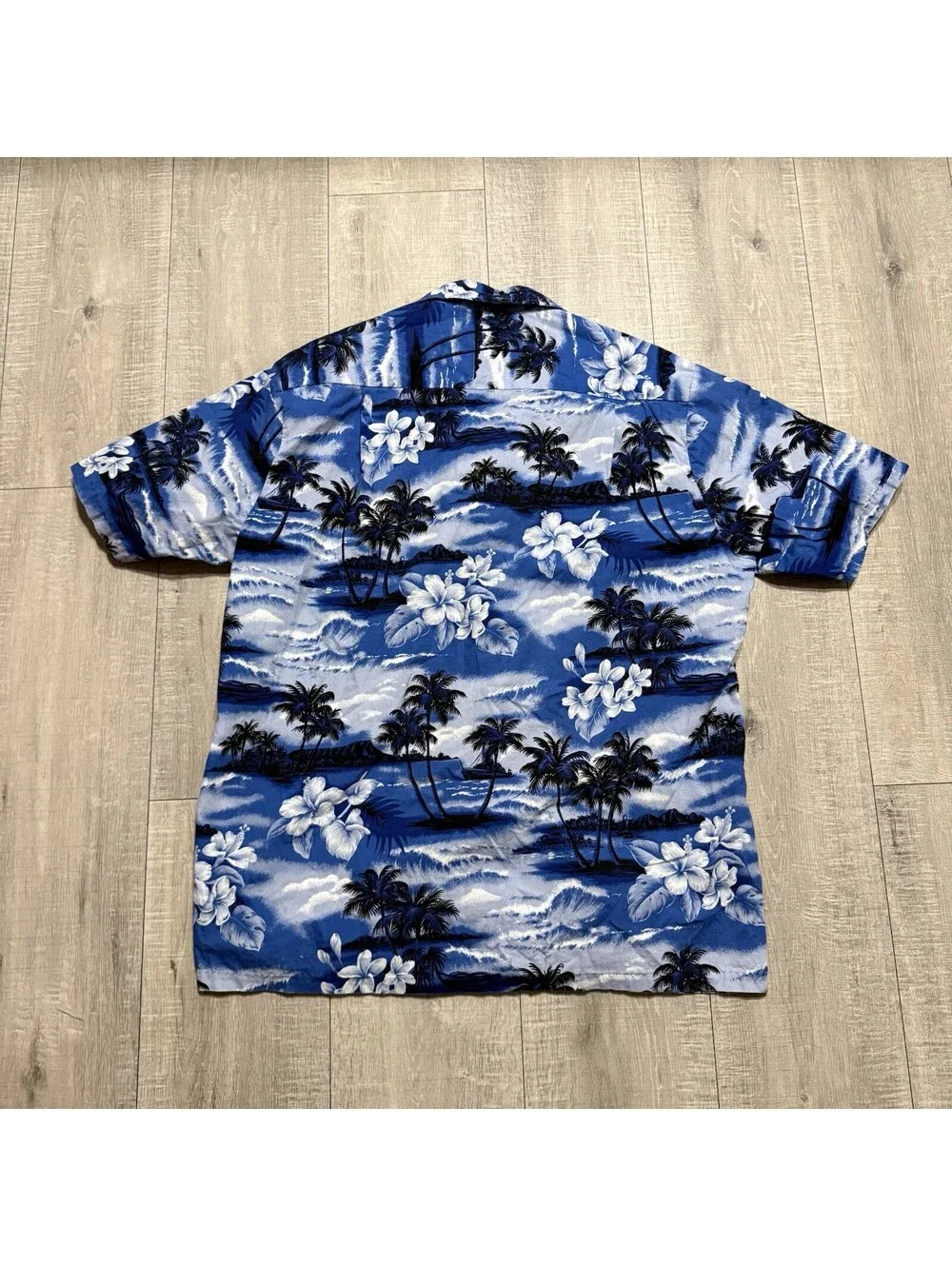 RJC Hawaiian Shirt Blue Palm Trees Floral Print Cotton USA Hawaii Made Men’s L